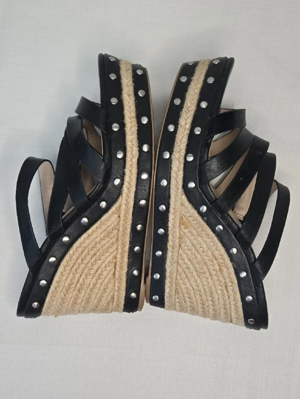 Charles David Black Leather Strappy Espadrille Wedge Sandals